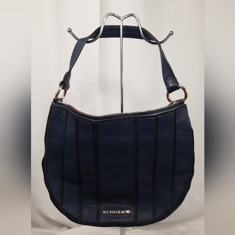 Michael Kors Brooklyn Leather Navy Shoulder Hobo Bag.